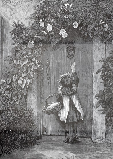 Little girl with a basket stands at the front door and doesn't come to the knocker, a little girl who stands on tiptoes to get a door knocker, 1880, Germany, historical, authentic, digitally restored reproduction from a 19th-century original, record date not stated