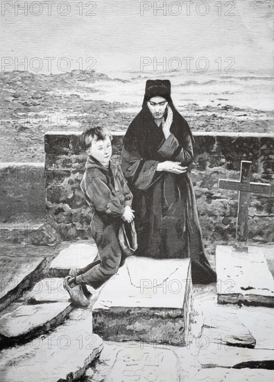 In the cemetery, widow and her son pray at the grave of the deceased father, 1880, A woman and a child stand at a tombstone in a cemetery surrounded by melancholy atmosphere, historical, authentic, digitally restored reproduction from a 19th-century model, Record date not stated