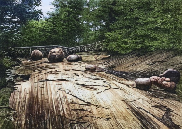 Rock surface scrambled and cut by the ice of the diluvial period in the glacier garden in Lucerne, Switzerland, authentic reproduction of a school mural, historic, around 1900