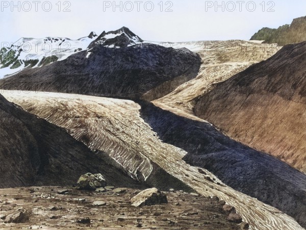 Confluence of the Kesselwandferner with the Hintereisferner, one of the largest glaciers in Tyrol, Ötztal, Tyrol, Austria, authentic reproduction of a school mural, historic, around 1900