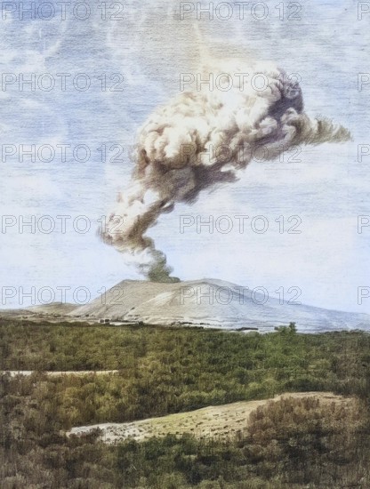Volcano Volcano, seen from the island's plateau, on September 23, 1889, Lipari Islands in the Tyrrhenian Sea off the north coast of Sicily, Italy, authentic reproduction of a school mural, historical, around 1900