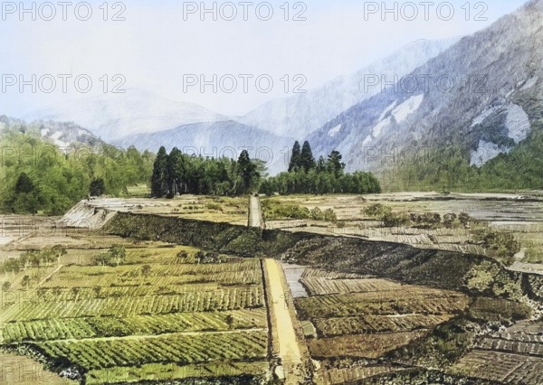 Fault at Midori in Central Japan caused by the great earthquake of 1891, Japan, authentic reproduction of a school mural, historic, around 1900