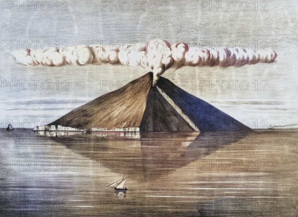 Stromboli volcano, seen from the northwest, Lipari Islands, Italy, authentic reproduction of a school mural, historic, around 1900