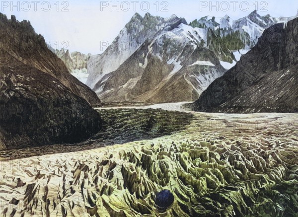 Crevices on the Chamouny Glacier, the famous Mer de Glace in the Mont Blanc massif near Chamonix, France, authentic reproduction of a school wall painting, historic, around 1900