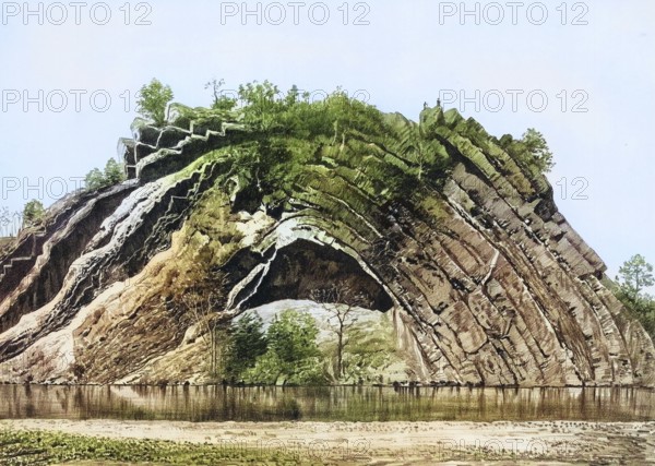 Layered vault in the Silurian, third period of antiquity, Paleozoic, on the Potomac River, Washington D.C., America, authentic reproduction of a school mural, historical, around 1900