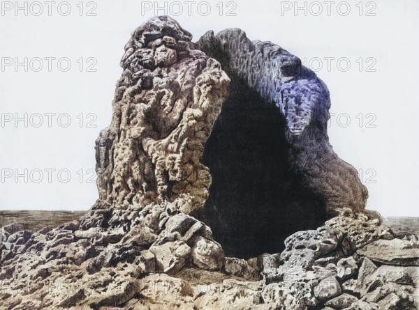 Cinder cone, Hornito, at the east foot of Montana del Fuego in Lanzarote, Canary Islands, Spain, authentic reproduction of a school mural, historic, around 1900