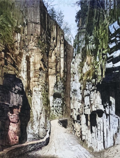 Porphyry landscape in the Eggenthal Gorge, Bletterbach Gorge, near Bolzano, South Tyrol, Italy, authentic reproduction of a school mural, historic, around 1900