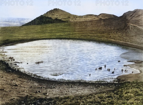 Maar am Mosenberg in the Eifel, former volcanic area, Bernkastel-Wittlich district, Rhineland-Palatinate, Germany, authentic reproduction of a school mural, historical, around 1900