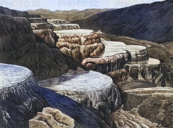 Lime sinter heels in the marble basins in Yellowstone Park, America, authentic reproduction of a school mural, historic, around 1900