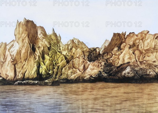 The ice wall of the MUIR glacier in Glacier Bay National Park in Alaska, America, authentic reproduction of a school mural, historic, around 1900