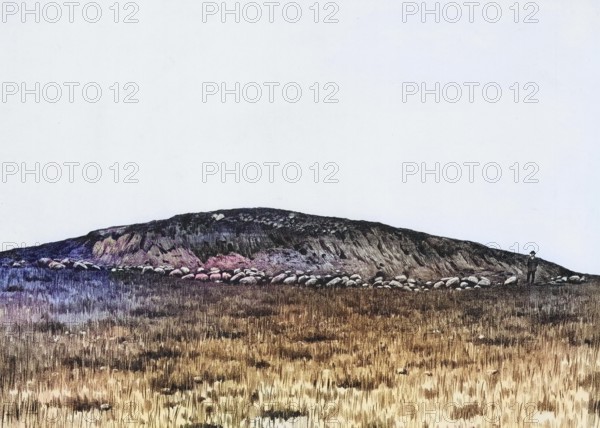 The Glambeck terminal moraine, example of a massive glacial embankment of rock, glacier remains that mark the maximum advance of the Pomeranian glaciation and, as part of the glacial series, created a fascinating landscape with kames, osers and primeval valleys that shape the Ice Age Land Geopark on the Oder edge, Mecklenburg-Western Pomerania, Germany, authentic reproduction of a school wall painting, historical, around 1900