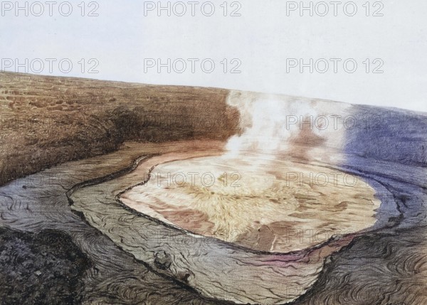 Lake of Fire, in Hawaii, Halema?uma?u crater in the Kilauea volcano on Big Island, where active lava lakes have been forming for a long time, 1893, America, authentic reproduction of a school mural, historic, around 1900