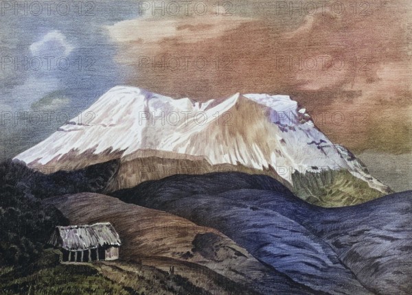 The Antisana, a volcano in the Eastern Cordillera, the central train of the northern Andes in Ecuador, seen from El Hato, authentic reproduction of a school mural, historic, around 1900