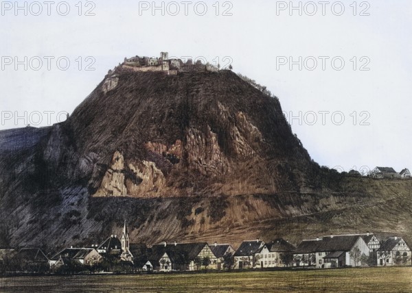 The Hohentwiel phonolite cone with the Hohentwielim fortress ruins, Hegau, Singen, Baden-Würtemberg, Germany, authentic reproduction of a school wall painting, historical, around 1900