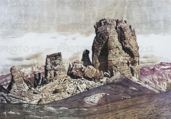 Cinque Torri, the towers of Averau, rock formation in the Ampezzo Dolomites on the route between the Falzarego Pass and Cortina d'Ampezzo, Nuvolau Group, Dolomites, South Tyrol, Italy, authentic reproduction of a school wall painting, historical, around 1900