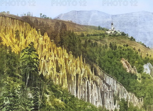 Earth pyramids on Ritten near Bolzano, South Tyrol, Italy, authentic reproduction of a school mural, historic, around 1900