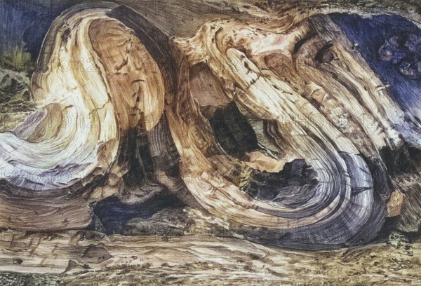 Geology, fold in diluvium, compression effect of diluvial ice, on the North Sea - Baltic Sea - Canal - incision of Levensau near Kiel, 1890, authentic reproduction of a school wall painting, historical, around 1900