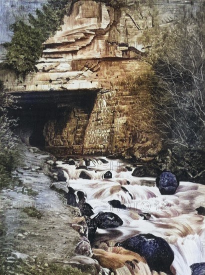 The fault source of Sassenage near Grenoble, Isere, France, authentic reproduction of a school mural, historic, around 1900