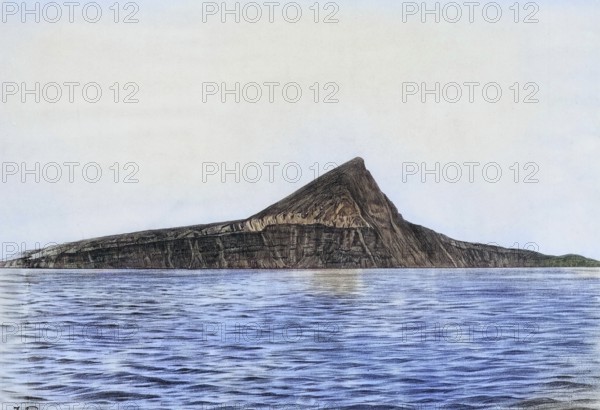 Krakatoa after the major eruption of 1883, famous volcano in the Sunda Strait between the Indonesian islands of Java and Sumatra, which became world-famous for its gigantic eruption in 1883, which cost tens of thousands of lives and triggered tsunamis, authentic reproduction of a school mural, historic, around 1900