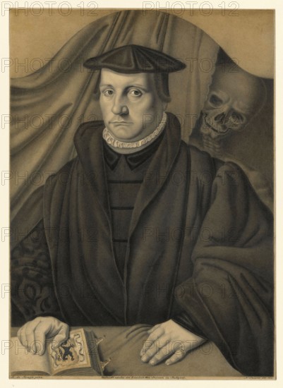 Portrait of a man with a skeleton behind him, a scholar behind whom death lurks, historical, authentic, digitally restored reproduction from a 19th-century model, Record date not stated