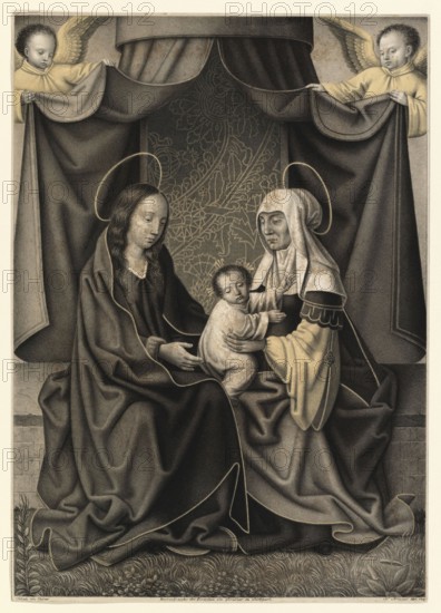 This motif shows Saint Anna, the grandmother Jesus, her daughter Mary and the baby Jesus together in a group, people from the biblical story, historical, authentic, digitally restored reproduction from a model from the 19th century, Record date not stated