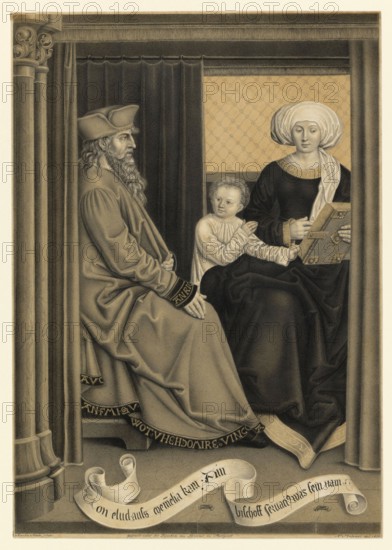Bishop Servatius of Tongern (342 - 384), Servatius for short, is one of the Ice Saints, here with his woman and child, figures from biblical history, Historical, authentic, digitally restored reproduction from a 19th century original, Record date not stated
