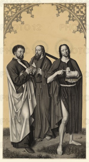 Saints Bartholomew, Thomas and John the Baptist or John the Evangelist, Apostle of Biblical History, Historical, Authentic, Digitally Restored Reproduction from a 19th century Original, Record Date Not Stated