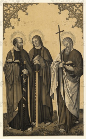 Saint Paul, Saint Paul, known as the Apostle of the Nations with Saint Simon, Simon Zelotes, one of the twelve apostles of Jesus and Saint Philip, Saint Philip, also one of the twelve apostles, people of the biblical story, historical, authentic, digitally restored reproduction from a 19th-century original, record date not stated