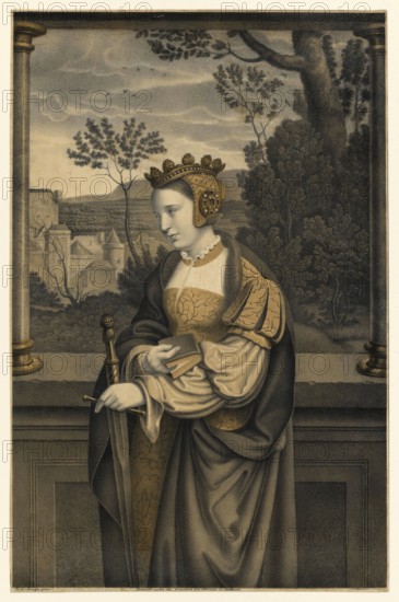 Catherine of Alexandria, also Catherine of Alexandria, is one of the most famous saints. She is venerated as a martyr in the Catholic and Orthodox Churches and is one of the so-called Virgines Capitales, the four great holy virgins, people of biblical history, historical, authentic, digitally restored reproduction from a 19th-century original, record date not stated