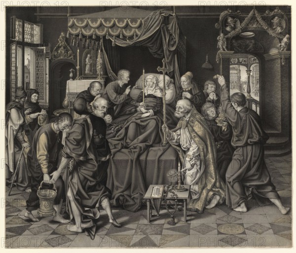 The depiction of Mary on her deathbed, surrounded by apostles, is a widespread motif in Christian art, which is iconographically referred to as the death of Mary or the Dormition of Mary, Dormition Virginis, people of biblical history, historical, authentic, digitally restored reproduction from a model from the 19th century, record date not stated