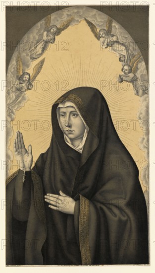 Mary as Mother of Sorrows, Mater Dolorosa, a central motif in Catholic theology, piety and art that emphasizes Mary's deep compassion for the suffering and death of her son Jesus Christ, people of biblical history, historical, authentic, digitally restored reproduction from a 19th-century model, record date not stated