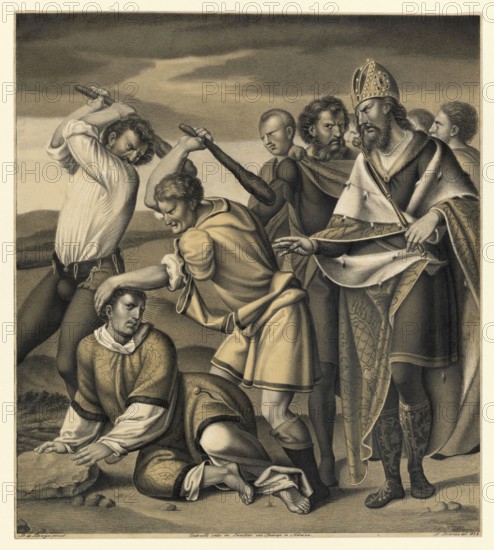 The martyrdom of Saint Ewalde, called the White and the Black, took place around the year 695 during the missionary work of the Saxons in present-day Germany. The two Anglo-Saxon priests were martyred, historic, authentic, digitally restored reproduction from a 19th-century model, record date not stated