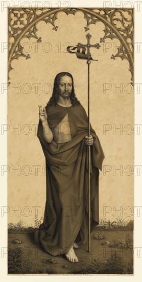 Christ with a Staff, People from the Biblical Story, Historical, Authentic, Digitally Restored Reproduction from a 19th century Original, Record Date Not Stated