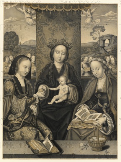 Virgin and Child with Two Female Saints, People from Biblical History, Historical, Authentic, Digitally Restored Reproduction from a 19th century Original, Record Date Not Stated