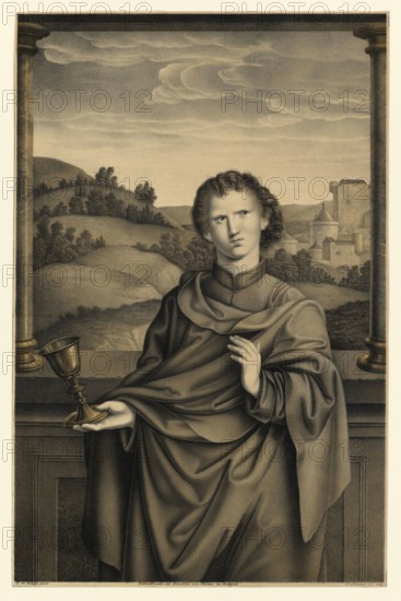 The Evangelist John, in the Western Church tradition also as John Evangelista or John of the Door, John the Theologian, main author of the Gospel of John, people from the biblical story, historical, authentic, digitally restored reproduction from a 19th-century model, record date not stated