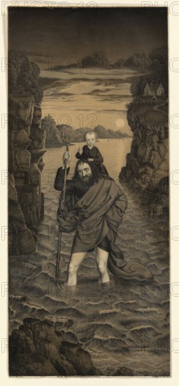 Saint Christopher Crossing a River with the Christ Child on His Shoulders, People of Biblical History, Historical, Authentic, Digitally Restored Reproduction from a 19th century Original, Record Date Not Stated