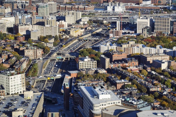 View from Prudential Tower of cityscape, city highway, historic brick buildings, modern skyscrapers, Boston, Massachusetts, New England, USA