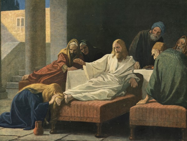 Scene from the biblical story, The biblical story in which a woman dries Jesus' feet with her hair, is a well-known event described in the Gospels and means deep humility, repentance and love, authentic reproduction of a school mural, historically, around 1900, Jesus experiences humble foot washing with his disciples, a story of forgiveness and dedication