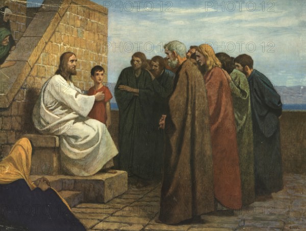 Scene from the biblical story, Jesus truly says I say to you: If you do not repent and become like children, you will not enter the Kingdom of Heaven, authentic reproduction of a school mural, historical, around 1900, Jesus teaching a group of disciples on a stone staircase, peaceful environment