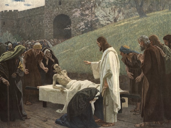 Scene from the biblical story, The Widow's Son, story from the Gospel of Luke, in which Jesus raises a young man from death in the city of Nain, authentic reproduction of a school mural, historical, around 1900, Jesus standing in front of a newly risen man surrounded by astonished and grieving people