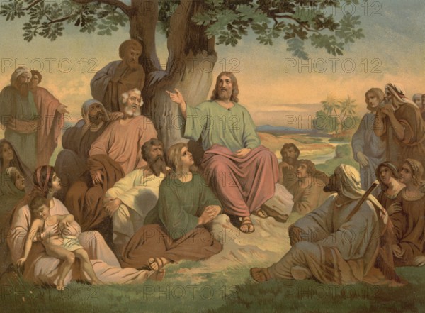 Scene from the biblical story, The Sermon on the Mount, authentic reproduction of a school mural, historical, around 1900, Jesus teaching a group of people outdoors surrounded by natural landscape and trees