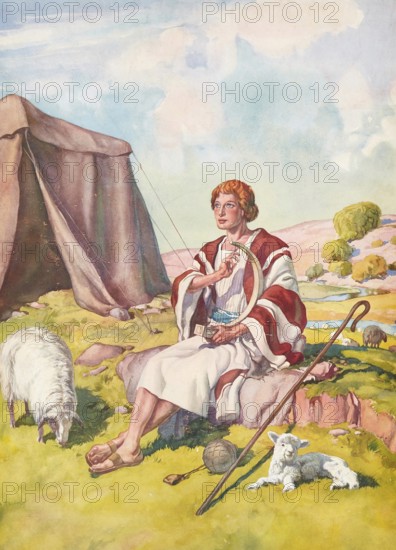 Scene from the biblical story, story of the shepherds in the field describing how angels announce the birth of Jesus Christ to the shepherds, authentic reproduction of a school mural, historical, around 1900, A shepherd sitting next to a tent surrounded by sheep, in a peaceful landscape