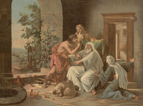 Scene from the biblical story, The Healing of Tobias, the story of how the young Tobias, led by the archangel Raphael, uses fish bile to heal the blindness of his father Tobit, authentic reproduction of a school mural, historical, around 1900, a blind man is blessed and healed by a biblically dressed couple