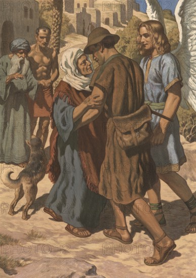 Scene from the biblical story, Tobias' homecoming, story of Tobias traveling to Rages with the archangel Raphael, picking up money, defeating the demons and finding his future woman Sara in front of returning home to his parents as a healed, rich man and healing his blind father's eyes with fish oil, authentic reproduction of a school mural, historical, around 1900, joyful greeting between old friends, accompanied by a Angel, in a village scene