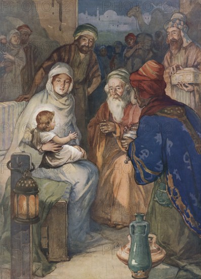 Scene from the biblical story, the Magi or the Three Wise Men from the East, authentic reproduction of a school mural, historical, around 1900, Holy Family with the Magi bringing gifts, a scene of adoration and reverence