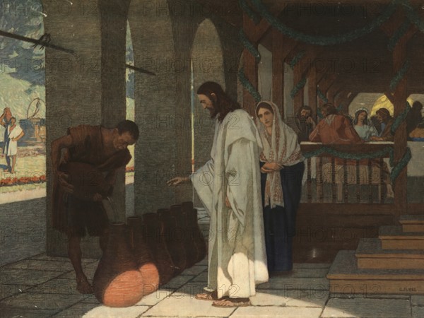 Scene from the biblical story, the location of the famous wedding at which Jesus performed his first miracle, referred to as Cana in Galilee. The current location, which is traditionally identified with this biblical event, is Kfar Kanna, authentic reproduction of a school mural, historic, around 1900, Jesus performs a miracle with water jugs surrounded by a group of people in front of an old building