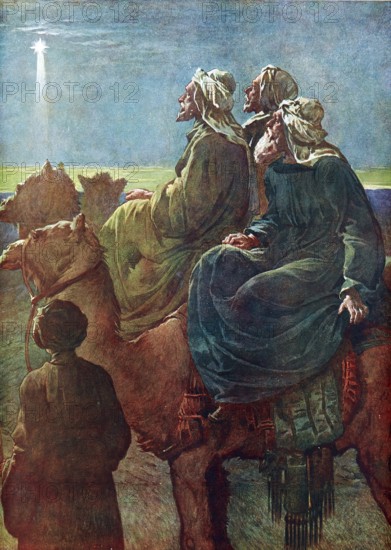 Scene from the biblical story, the Magi or the Three Wise Men from the East following the star, authentic reproduction of a school mural, historical, around 1900, Three Magi on camels follow a glowing star on a starry night, exploring spirit