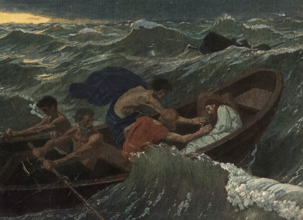 Scene from the biblical story, the story of the storm on the lake, often referred to as The Calming of the Sea Storm, authentic reproduction of a school mural, historical, around 1900, disciples fighting a storm in the sea and trying to stabilize a boat