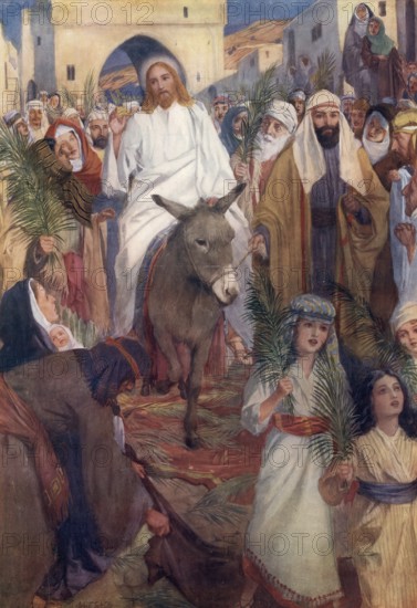 Scene from the biblical story, triumphant entry, the account of Jesus' entry into Jerusalem on a donkey, authentic reproduction of a school mural, historical, around 1900, Jesus riding a donkey through a cheering crowd with palm branches, joyful atmosphere