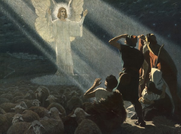 Scene from the biblical story, story of the shepherds in the field describes how angels announce the birth of Jesus Christ to the shepherds, authentic reproduction of a school mural, historical, around 1900, an angel appears to shepherds and sheep at night and announces a message
